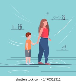 Fat Obese Woman With Child Holding Hands Overweight Mother And Son Standing Together Having Fun Obesity Unhealthy Lifestyle Concept Flat Full Length