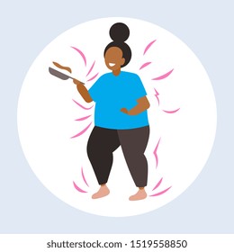 fat obese woman cooking pancakes in frying pan unhealthy nutrition obesity concept overweight african american girl preparing breakfast flat full length