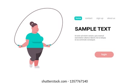 fat obese woman doing exercises with jumping rope overweight girl training workout weight loss concept flat white background copy space horizontal
