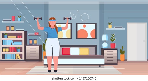 fat obese woman doing exercises with dumbbells overweight girl training workout weight loss concept modern house bedroom interior flat full length horizontal