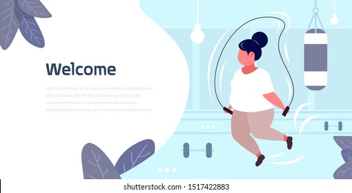 fat obese woman doing exercises with jumping rope overweight girl cardio training workout weight loss concept modern gym interior flat full length copy space horizontal