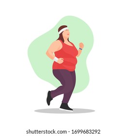 Fat or obese woman or girl jogging. Weight loss program sign or symbol. Cardio workout. Obesity concept. Running lady. Female sportswear. Sport motivation - Flat vector character illustration.