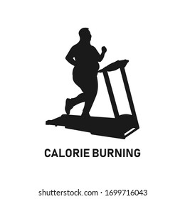 Fat or obese woman or girl on treadmill silhouette. Calorie burning icon sign or symbol. Cardio workout logo. Obesity concept. Running lady. Sport motivation. Weight loss - Vector illustration.