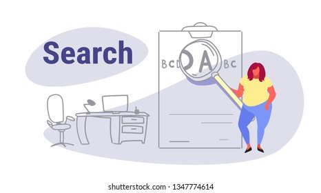 fat obese woman holding magnifying zoom glass letter zooming search concept overweight girl with magnifier loupe workplace office interior full length sketch doodle horizontal