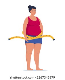 Fat obese woman and measuring tape. Oversize fatty girl. Obesity weight control concept. Overweight female cartoon character full length. Vector illustration
