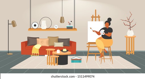 fat obese woman painter using paintbrush and palette overweight girl artist painting on easel creative occupation obesity concept modern living room interior full length flat horizontal