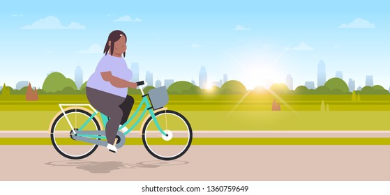 fat obese woman riding bike in city urban park overweight girl cycling bicycle weight loss concept african american female cartoon character landscape background flat horizontal