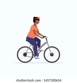 fat obese woman riding bike african american overweight girl cycling bicycle workout weight loss concept flat full length white background