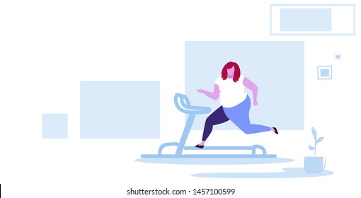 fat obese woman running on treadmill oversize fatty girl weight loss cardio training concept overweight female cartoon character full length horizontal sketch