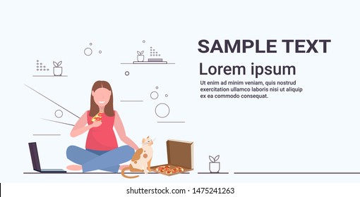 fat obese woman sitting on floor with cat overweight girl eating pizza using laptop unhealthy nutrition obesity concept flat full length horizontal copy space