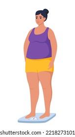 Fat obese woman standing on weigh scales. Oversize fatty girl. Obesity weight control concept. Overweight female cartoon character full length. Vector illustration