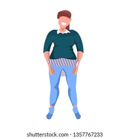 fat obese woman standing pose smiling overweight casual girl obesity concept female cartoon character full length flat white background