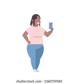fat obese woman taking selfie photo over size african american girl using smartphone camera obesity concept overweight female character full length white background