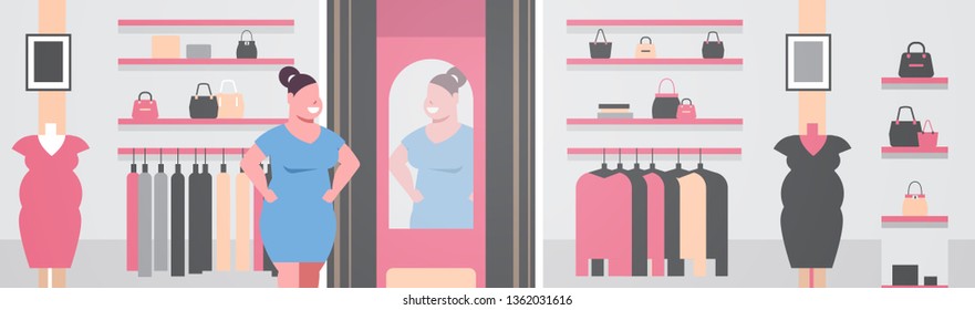 fat obese woman trying on new dress overweight girl looking at mirror fashion boutique shop clothes market modern shopping mall interior horizontal portrait