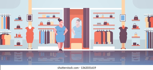 fat obese woman trying on new dress overweight girl looking at mirror fashion boutique shop clothes market modern shopping mall interior horizontal full length