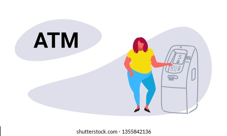 fat obese woman using atm machine fatty girl withdrawing cash automatic teller machine concept overweight female cartoon character full length sketch doodle horizontal