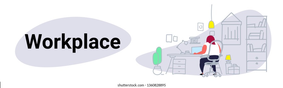 fat obese woman using laptop workplace desk concept working cabinet furniture modern office interior sketch doodle female cartoon character rear view horizontal banner