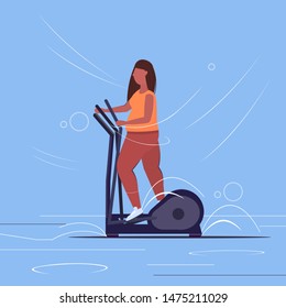 fat obese woman working on elliptical trainer overweight african american girl doing spinning exercises cardio training workout weight loss concept flat full length