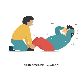 Fat or obesity man trying to do sit-ups in very difficult way with help from personal trainer. Vector illustration character in fitness concept. Flat design with simple style.  