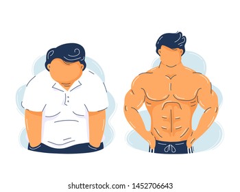 Fat obesity and strong fitness muscular man. Vector trendy flat illustration character design.Isolated on white background.Bodybuilding muscle grow, before and after concept