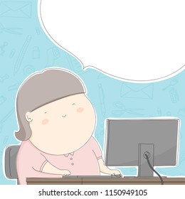 Fat office woman character happy with work, Lifestyle concept design illustration isolated on stationary pattern yellow pastel color background with speech bubble copy space, vector eps 10