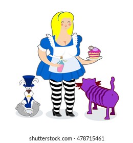 Fat old Alice in Wonderland. Mythical Cheshire cat. White rabbit in hat and waistcoat

