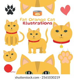 Fat Orange Cat - Cute Illustrations in Different Poses, Sitting, Side, Head, Paw and Ears. Cartoon in Flat Design.