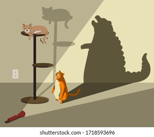 Fat orange cat looking up to a brown cat sleeping on top of the pole, casting shadow of beast to show inner power. Self confidence concept