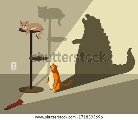 Fat orange cat looking up to a brown cat sleeping on top of the pole, casting shadow of beast to show inner power. Self confidence concept