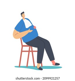 Fat Overeat Man with Napkin on Chest Sitting on Chair Flapping Belly with Hands Isolated on White Background. Male Character Bad Eating Habits, Unhealthy Lifestyle. Cartoon People Vector Illustration