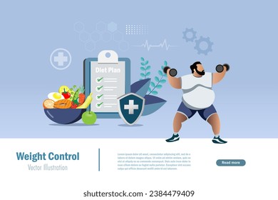 Cuerpo de control de la grasa, sobredimensionado, con un plan de control de peso en el ejercicio y alimentación alimenticia. Obesidad, IMC, control del índice de masa corporal para cuerpo sano. Vector.