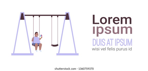 fat overweight boy holding ice cream sitting on swing obese overweight guy swinging eating fast food unhealthy lifestyle concept white background full length flat copy space