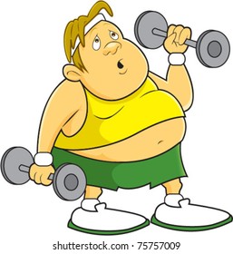 A fat, overweight man doing dumbbell curls while working out at the gym