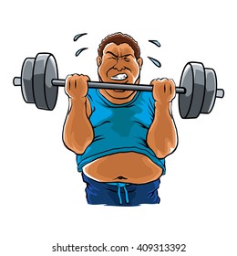 fat overweight man with dumbbell 