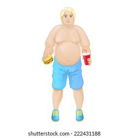 Fat overweight man eat burger, junk fast food and drink, concept of unhealthy diet vector illustration over white background