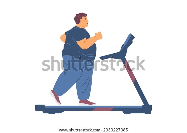 Fat overweight man exercising on treadmill, flat cartoon vector illustration isolated on white background. Fat burnout cardio workout and run on treadmill gym wall mural wallpaper. 