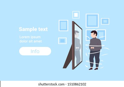 fat overweight man looking at reflection in mirror sad obese guy unhealthy lifestyle obesity concept horizontal copy space flat full length