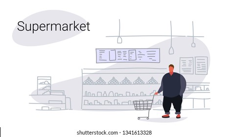 fat overweight man pushing trolley cart buying products in grocery shop food shopping concept modern supermarket interior flat sketch doodle horizontal