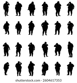 Fat overweight man vector silhouette set