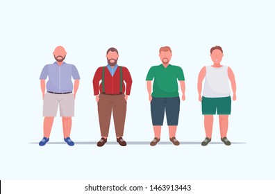 fat overweight men group standing together unhealthy lifestyle concept obese guys in casual clothes over size male cartoon characters full length flat horizontal