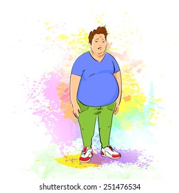 fat overweight sport man over colorful splash paint background, vector illustration