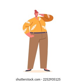 Fat Overweight Thoughtful Woman Isolated on White Background. Plus Size Female Character Standing in Thinking Pose Making Decision, Pensive Confused Person. Cartoon People Vector Illustration