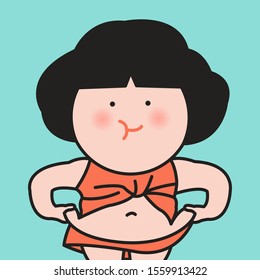 Fat Overweight Woman In Crop Tank Top Pinching Her Fat Tummy Isolated On Blue Background Concept Card Character illustration