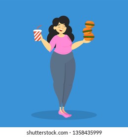 Fat overweight woman eat junk food. Adult eating burger and soda. Unhealthy nutrition, fast food and addiction.