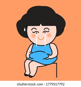 Fat Overweight Woman Feeling Nervous While Sitting And Pinching Her Fat Tummy Isolated On Orange Background Concept Card Character illustration