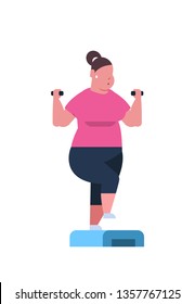 fat overweight woman holding dumbbells doing squats on step platform obese girl training in gym workout weight loss concept flat white background vertical