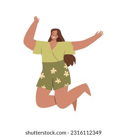 Fat overweight woman jumping of joy, laughing and smiling flat cartoon character. Vector illustration of happy lady celebrating achievement, free excited girl at party isolated on white