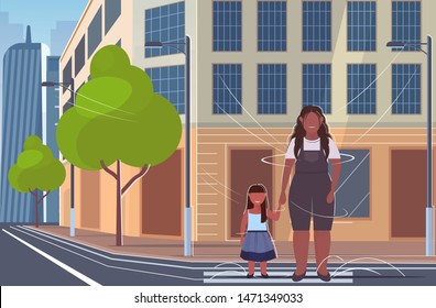 fat overweight woman with little child standing on crosswalk obese african american mother and daughter walking outdoor city street cityscape background full length flat horizontal