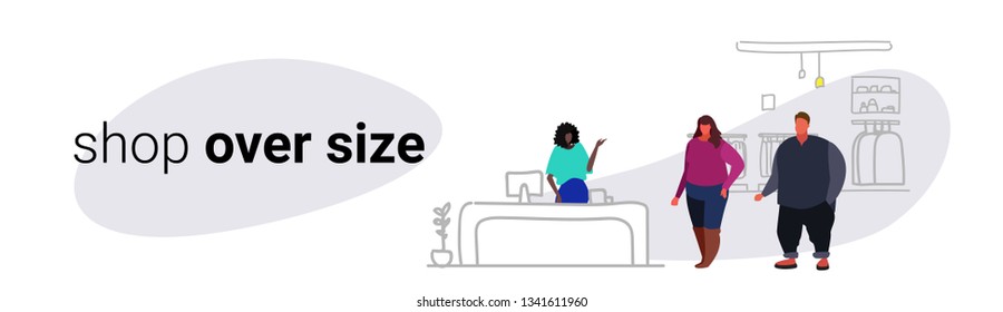 Fat Overweight Woman Man Couple Standing At Cash Desk Counter Fashion Shop Over Size Male Female Clothes Market Shopping Mall Interior Sketch Flow Style Horizontal Banner