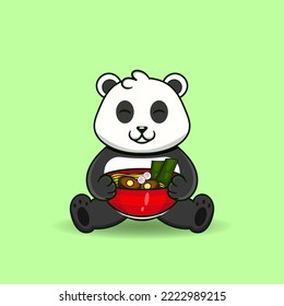 Fat panda eating noodles. Cute panda mascot. Mascot illustration.